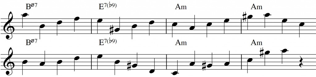 Diatonic approach 4 - minor II-V-I_0002 - quarternote melody - chord tones1